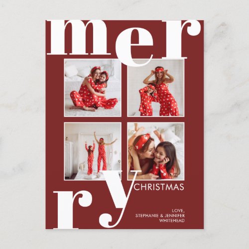 Modern Merry Christmas Burgundy Photo Collage Holiday Postcard