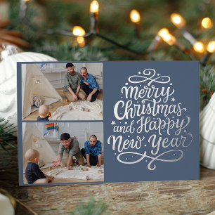 Modern Merry Christmas Calligraphy 2 Photos Foil Holiday Card