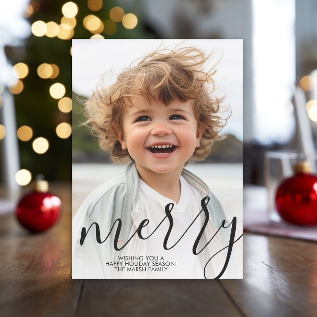 Modern Merry Christmas Calligraphy Photo Black Holiday Card (Modern, minimal Christmas Greeting card with a large photo and script text.)