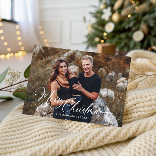 Modern Merry Christmas Calligraphy Script Photo Holiday Postcard