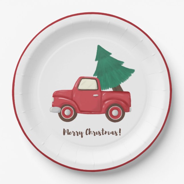Modern Merry Christmas car with Christmas tree Cla Paper Plates (Front)