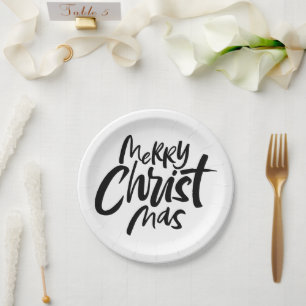 Modern Merry Christmas Christian Calligraphy Paper Plates
