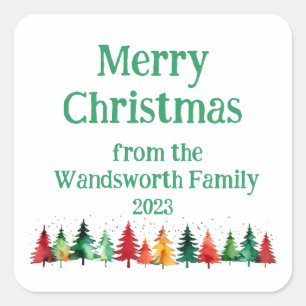 Modern Merry Christmas Colorful Watercolour Trees Square Sticker
