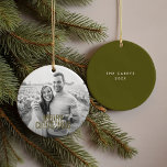 Modern Merry Christmas Custom Photo Ceramic Ornament<br><div class="desc">Fun,  festive "Merry Christmas" lettering on the front with photo and custom text on the back,  or add a second photo.</div>