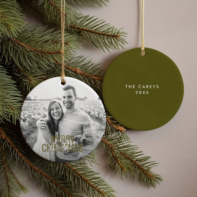 Modern Merry Christmas Custom Photo Ceramic Ornament (Creator Uploaded)