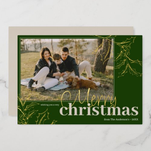 Modern Merry Christmas Custom Photo Green Gold Foil Holiday Card