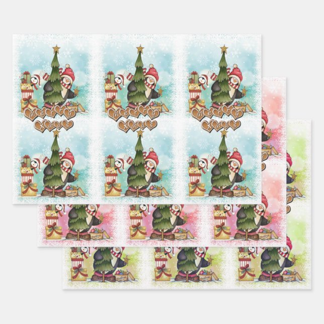 Modern Merry Christmas Cute Penguin Pattern Wrapping Paper Sheets (Set)