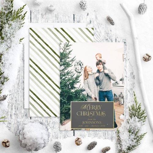 Modern Merry Christmas Dark Photo Foil Holiday Card