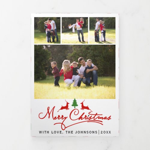 Modern Merry Christmas deer and tree photo collage Tri_Fold Holiday Card