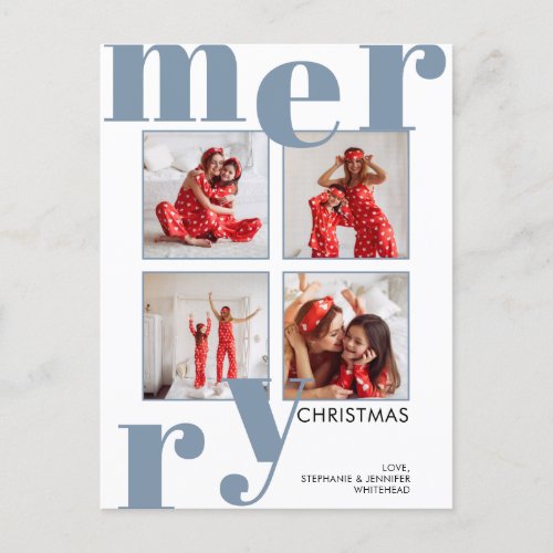 Modern Merry Christmas Dusty Blue Photo Collage Holiday Postcard