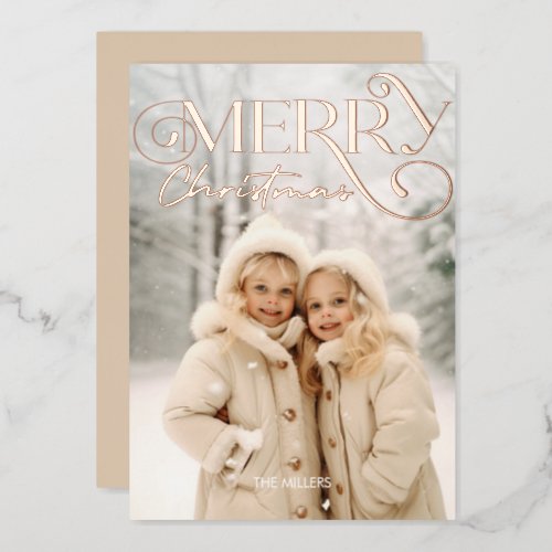 Modern Merry Christmas Elegant 1 Photo Typography Foil Holiday Card