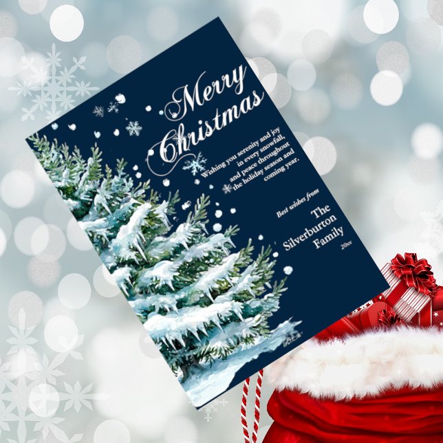 Modern Merry Christmas Elegant Script Snow Fir Holiday Card (Creator Uploaded)