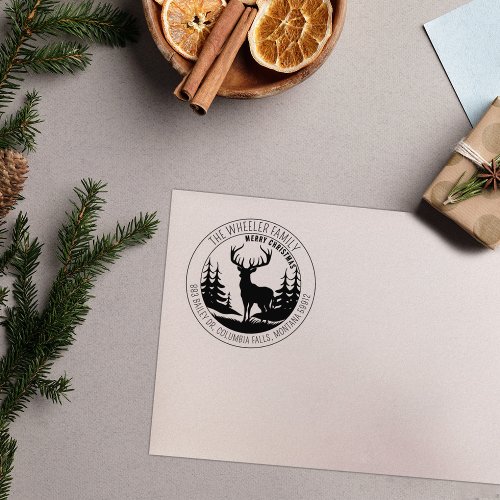 Modern Merry Christmas Elk Return Address Rubber Stamp