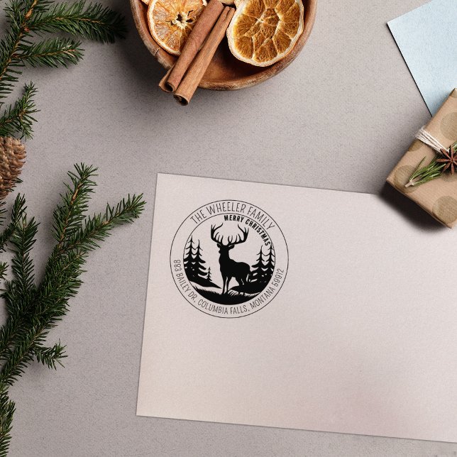 Modern Merry Christmas Elk Return Address Rubber Stamp (Creator Uploaded)