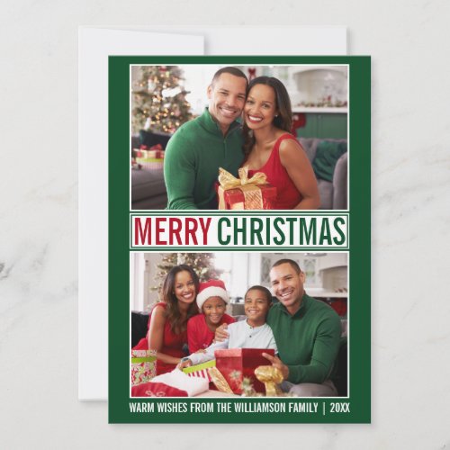 Modern Merry Christmas Family 2 Photo Green Holiday Card