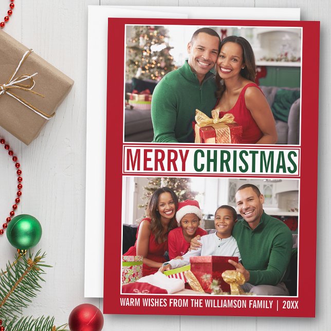 Modern Merry Christmas Family 2 Photo Red Holiday Card (Customize to add text to back of card.)