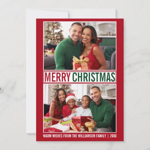 Modern Merry Christmas Family 2 Photo Red Holiday Card