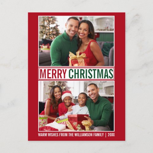 Modern Merry Christmas Family 2 Photo Red Postcard