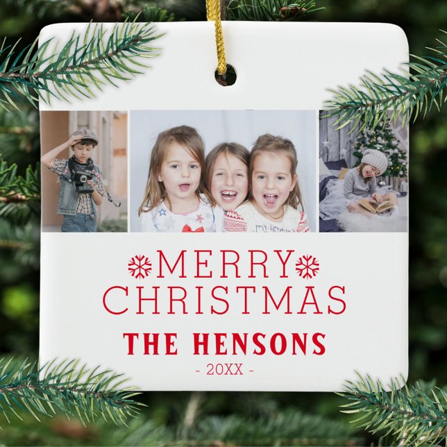 Modern Merry Christmas Family 3 Photo Collage Ceramic Ornament (Creator Uploaded)