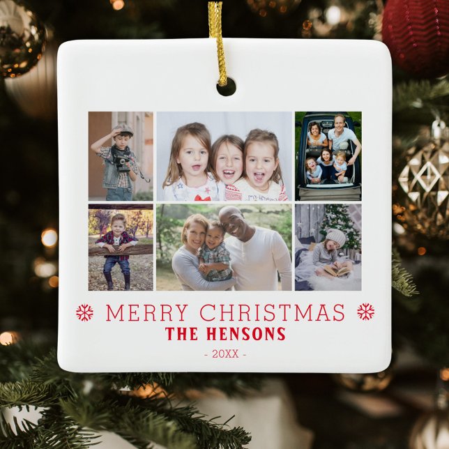 Modern Merry Christmas Family 6 Photo Collage Ceramic Ornament (Creator Uploaded)