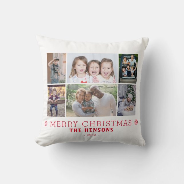 Modern Merry Christmas Family 6 Photo Collage Throw Pillow (Front)