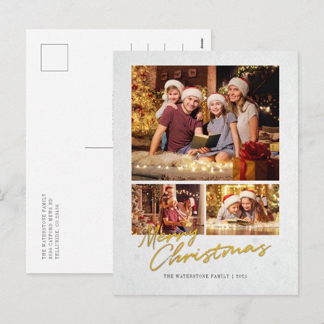 Modern Merry Christmas Family Faux Gold Photo Holiday Postcard (Front/Back)