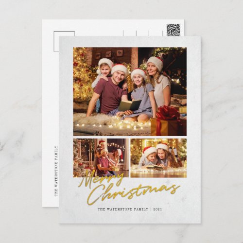 Modern Merry Christmas Family Faux Gold Photo Holiday Postcard