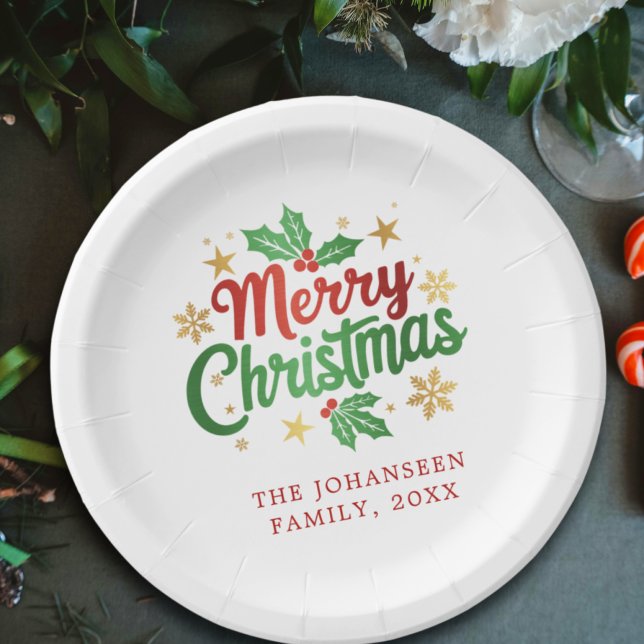 Modern Merry Christmas Family Festive Red & Green  Paper Plates (Creator Uploaded)