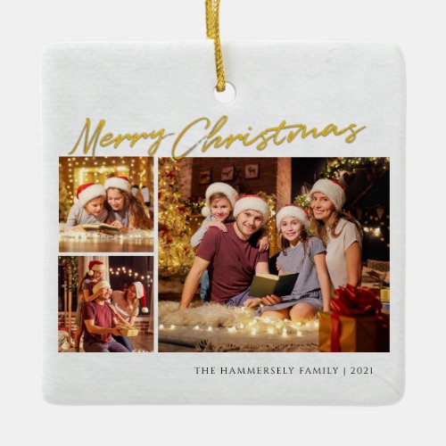 Modern Merry Christmas Family Holiday Multi Photo Ceramic Ornament