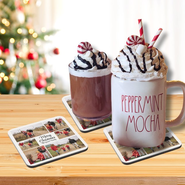 Modern Merry Christmas Family Photo Beverage Coaster (Creator Uploaded)