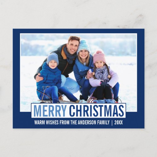 Modern Merry Christmas Family Photo Blue Postcard
