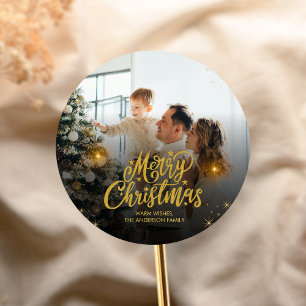 Modern Merry Christmas Family Photo Classic Round Sticker