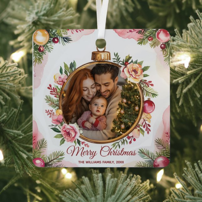 Modern Merry Christmas Family Photo Floral Frame   Metal Ornament (Insitu)