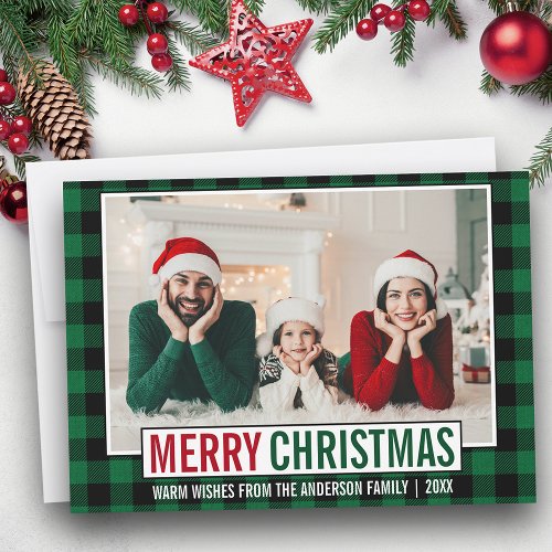Modern Merry Christmas Family Photo Green Plaid Holiday Card
