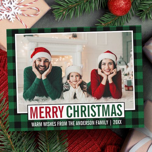 Modern Merry Christmas Family Photo Green Plaid Postcard