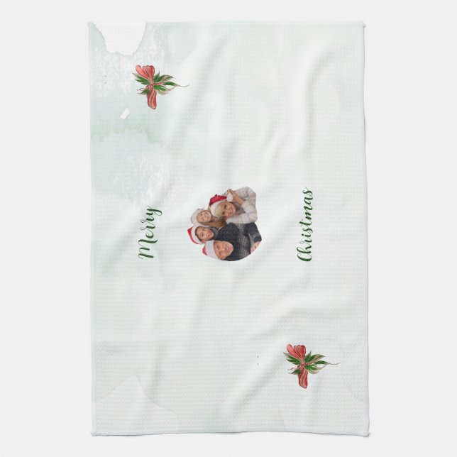 Modern merry Christmas family photo kitchen towel  (Vertical)
