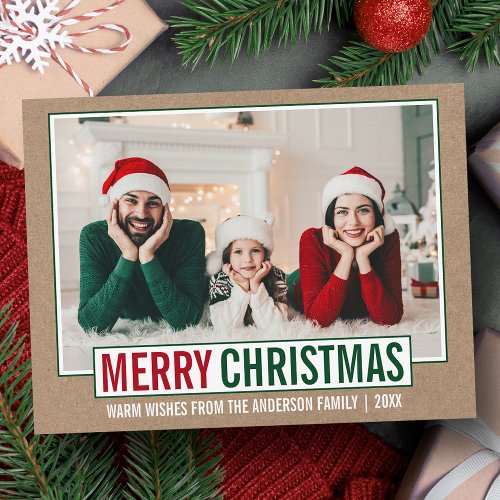 Modern Merry Christmas Family Photo Kraft Postcard