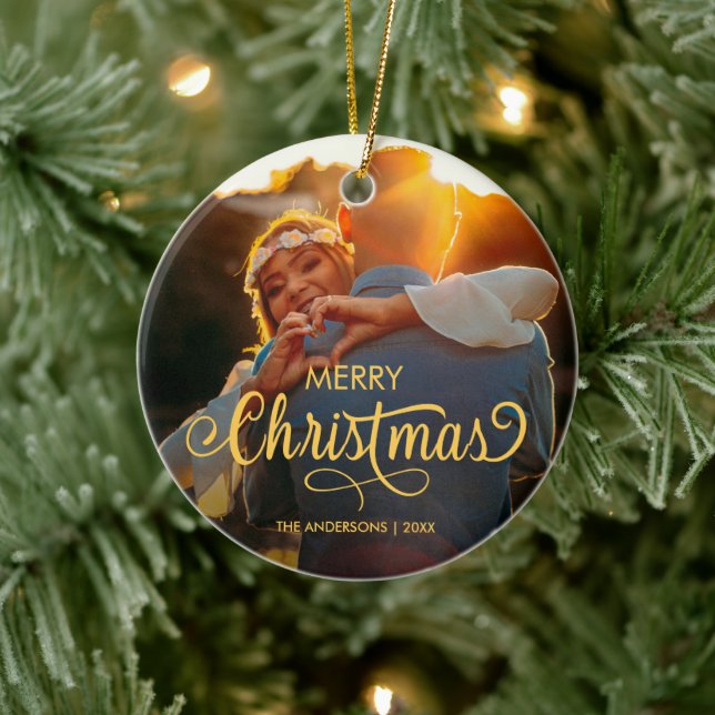Modern Merry Christmas Family Photo Name Ceramic O Ceramic Ornament (Tree)
