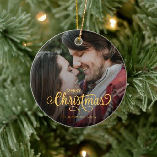 Modern Merry Christmas Family Photo Name  Ceramic Ornament