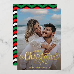Modern Merry Christmas Family Photo Name Stripes   Foil Holiday Card
