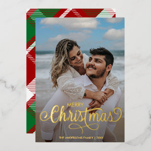 Modern Merry Christmas Family Photo Name Tartan Foil Holiday Card