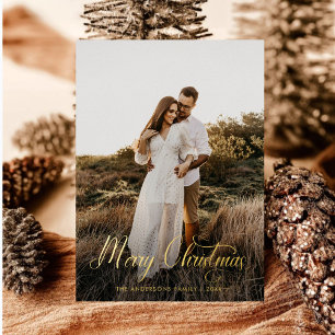 Modern Merry Christmas Family Photo Name Tartan Foil Holiday Card