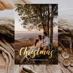 Modern Merry Christmas Family Photo Name Tartan Foil Holiday Card