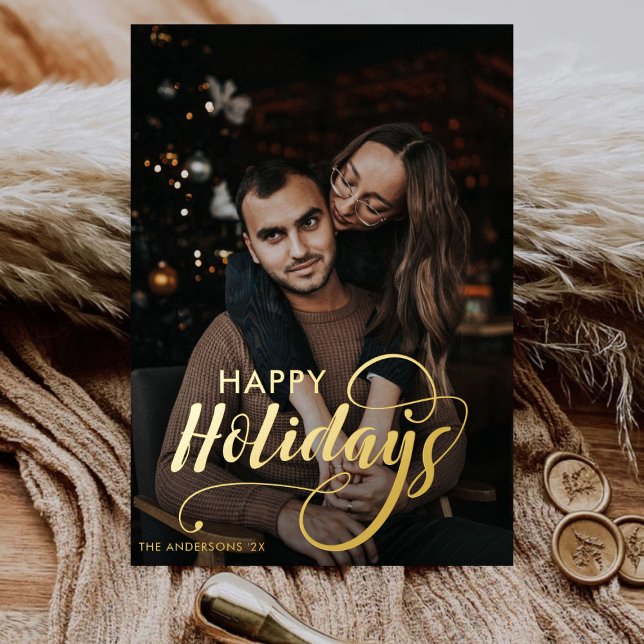 Modern Merry Christmas Family Photo Name Tartan Foil Holiday Card (Creator Uploaded)