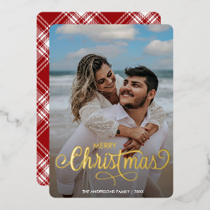 Modern Merry Christmas Family Photo Name Tartan  Foil Holiday Card