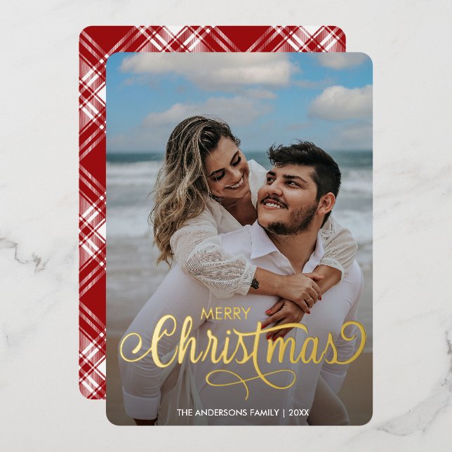 Modern Merry Christmas Family Photo Name Tartan  Foil Holiday Card (Front/Back)