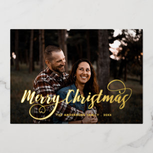 Modern Merry Christmas Family Photo Name Tartan Ho Foil Holiday Card