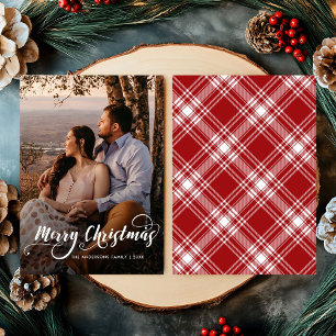 Modern Merry Christmas Family Photo Name Tartan Holiday Card