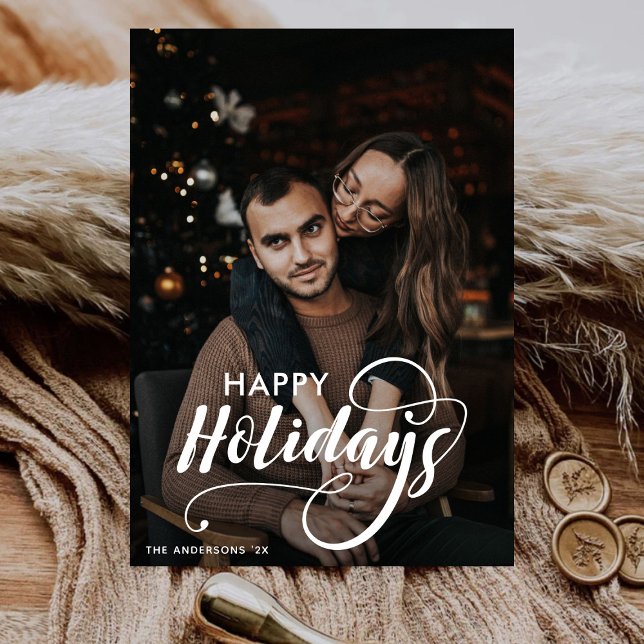 Modern Merry Christmas Family Photo Name Tartan Holiday Card (Creator Uploaded)