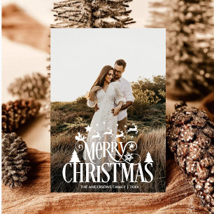 Modern Merry Christmas Family Photo Name Tartan Holiday Card